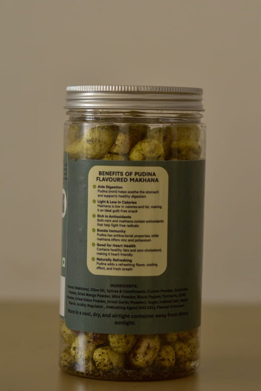 Jar of Makhana with a label detailing benefits on a beige background